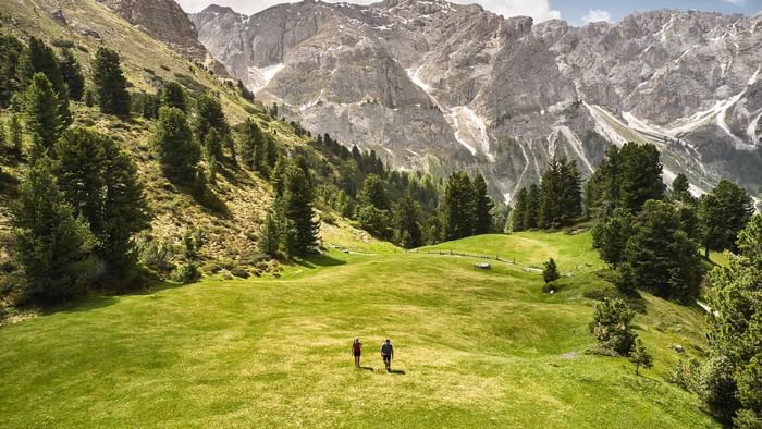 Zwei Wanderer auf einer Alm vor dem Hintergrund von felsigen Bergen und grünen Wäldern.