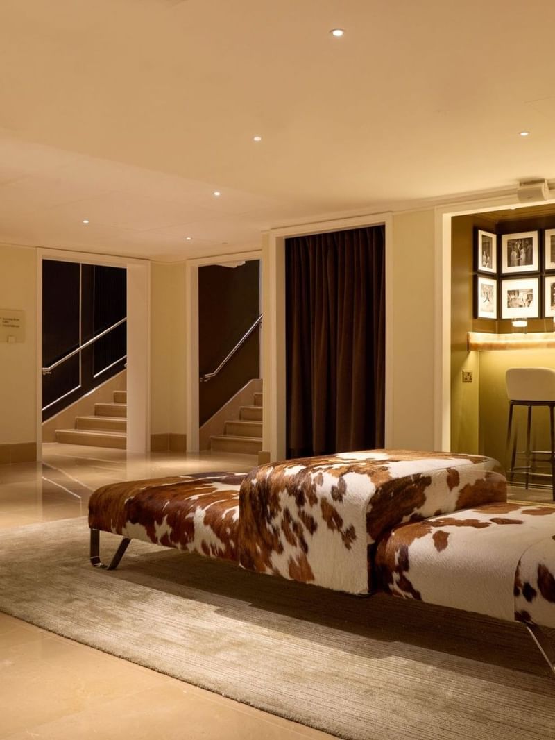 The Screening Room bar with cowhide benches at The May Fair Hotel, London.