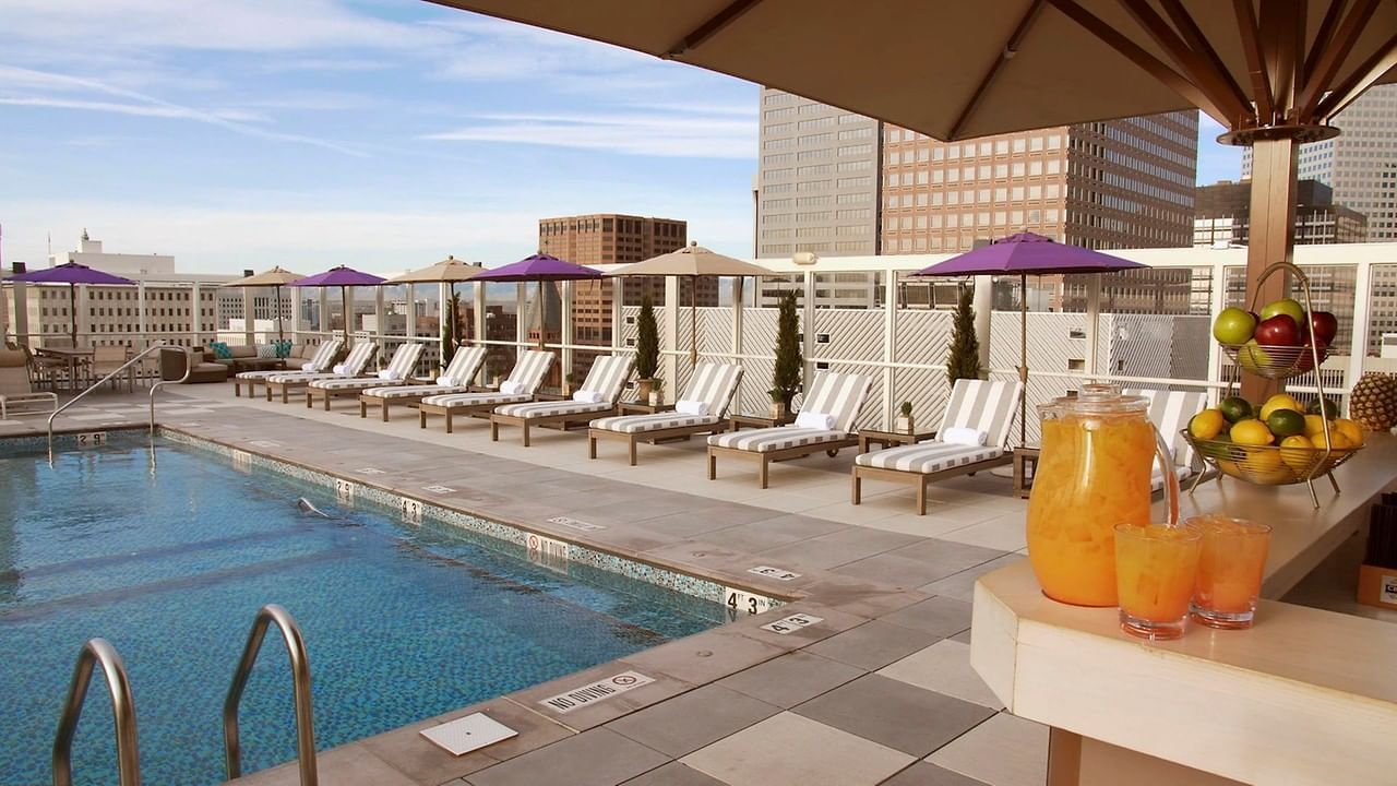 Rooftop pool area with sun beds & drinks served at Warwick Denver