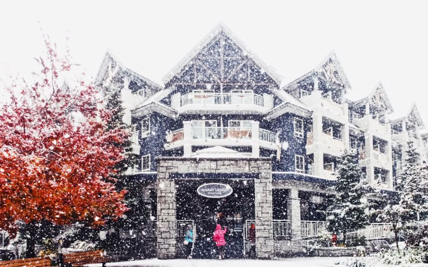 Entrance of the Summit Lodge Boutique Hotel in winter