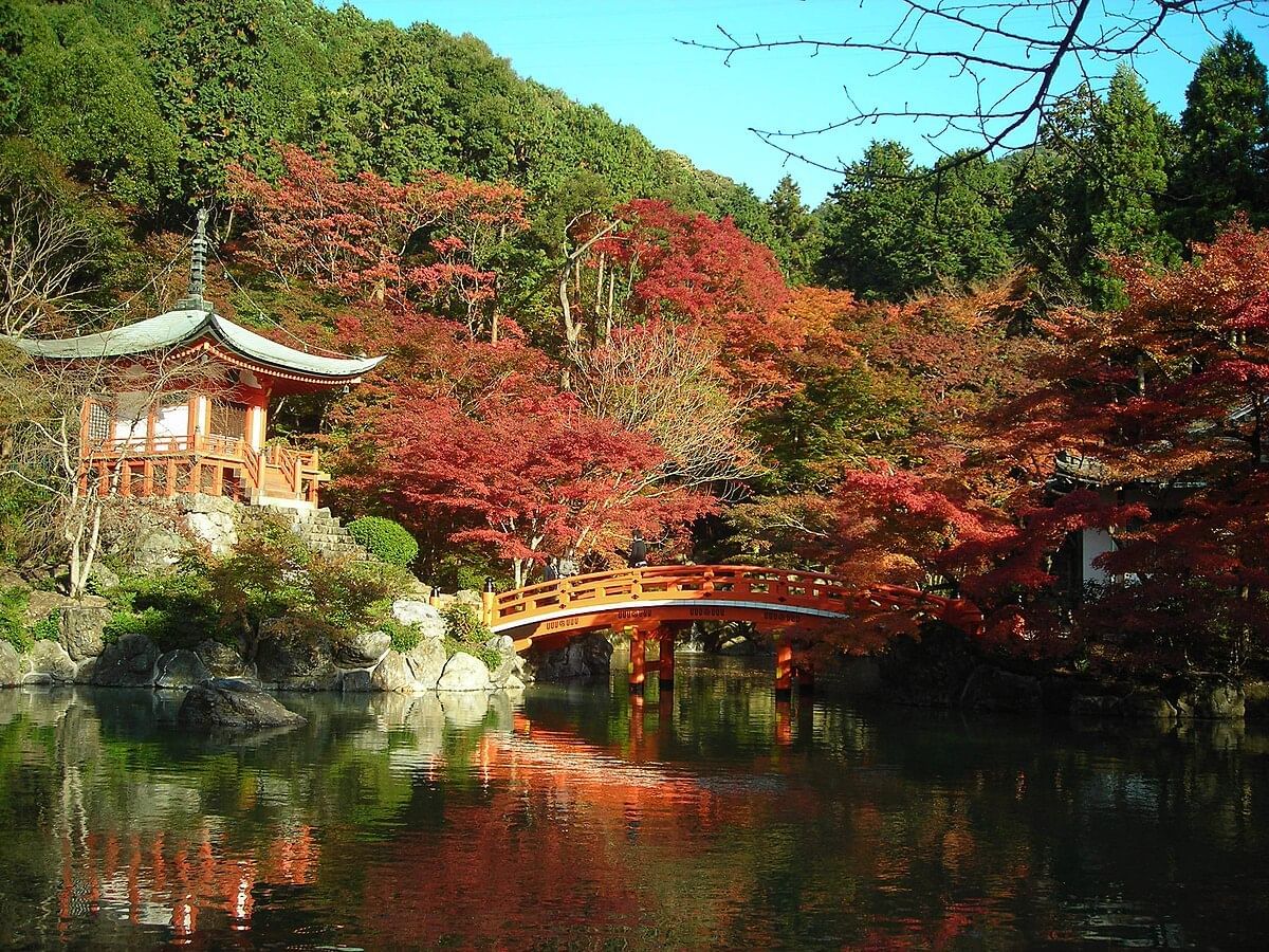 Kyoto in autumn with a traditional bridge over water