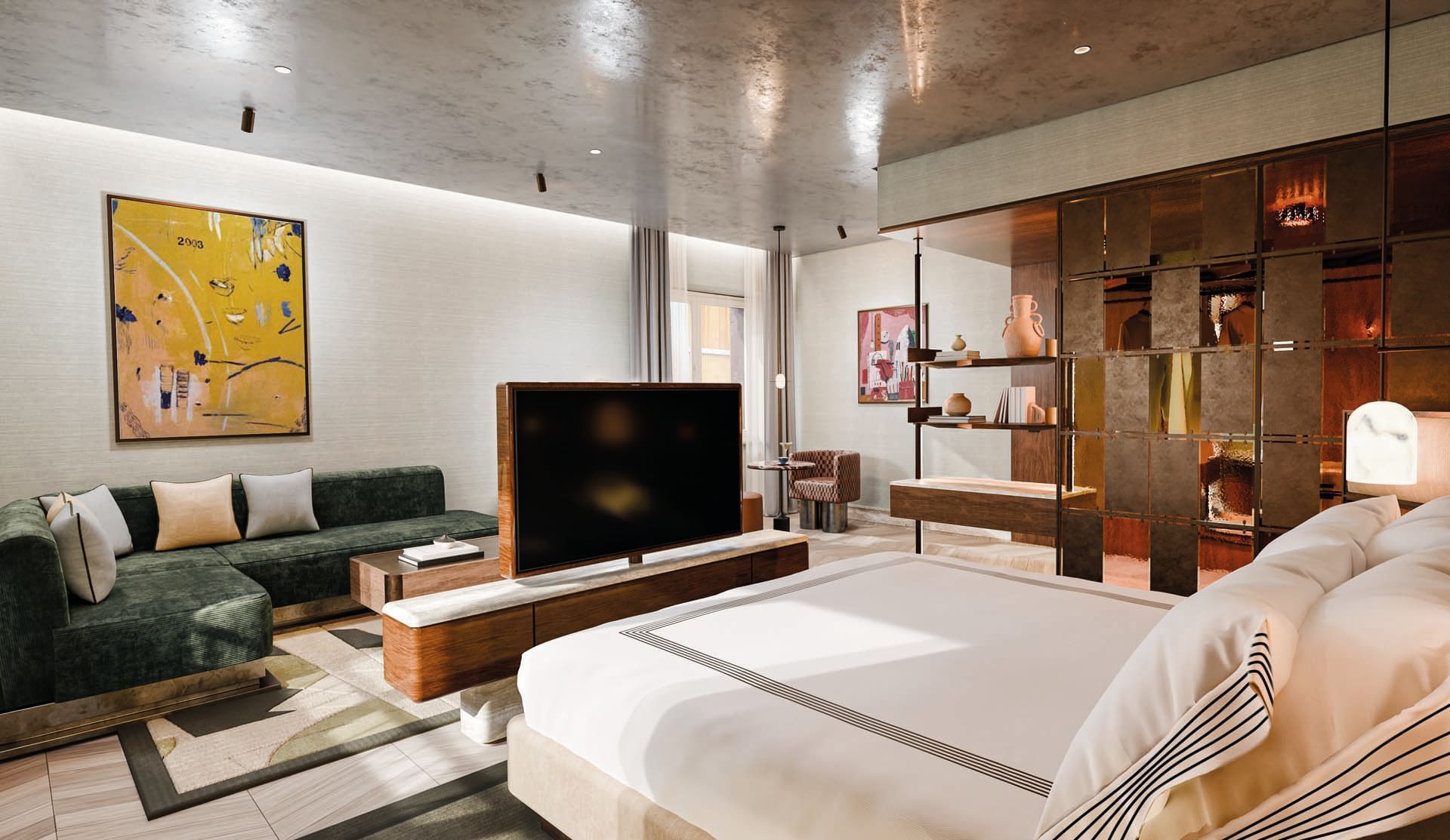 Softly lit Thompson Suite at Thompson Rome by Hyatt with a bed, green sofa, large TV, and stylish decor