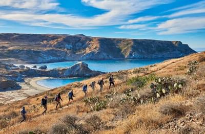 Distant view of a trail of hikers climbing a mountain near Catalina Island Company