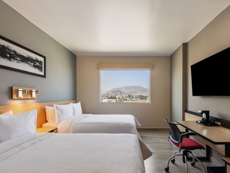 Two beds with a window view and a wall-mounted TV in Standard Double Room at Gamma Hotels