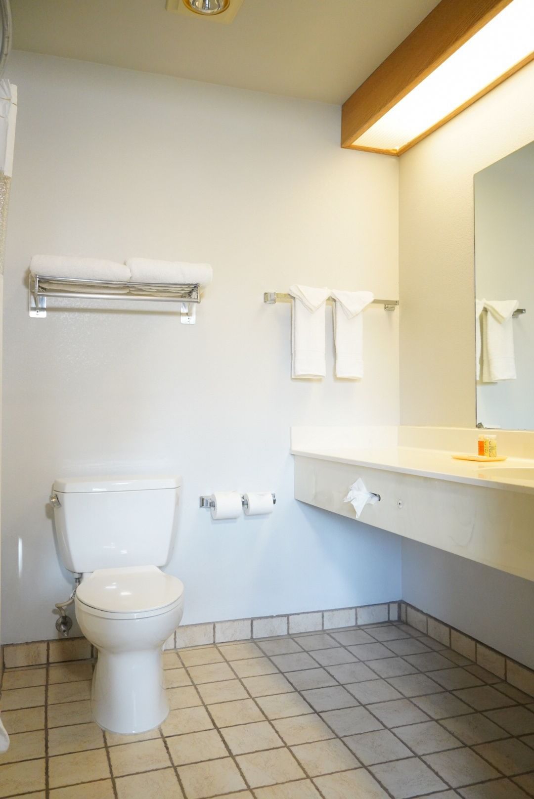 A standard hotel bathroom with a toilet, sink, and mirror