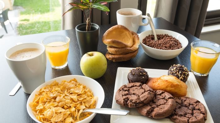 Closeup of a breakfast meal served at Hotel Les Quatre Salines