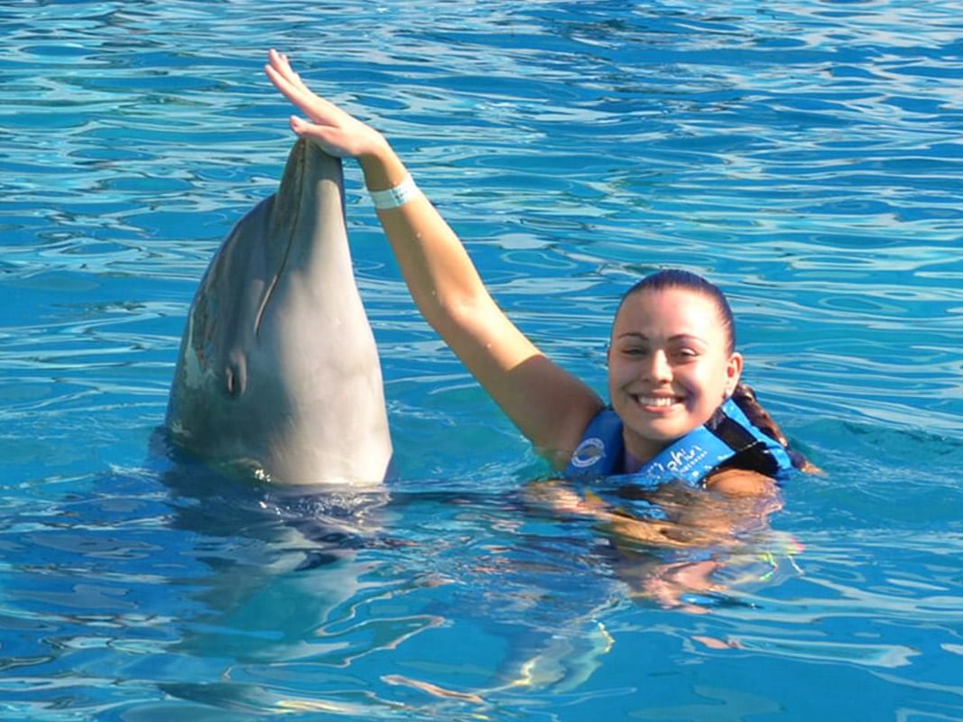 Girl playing with a dolphin at Aquaventuras Park near Buenaventura Grand Hotel and Spa