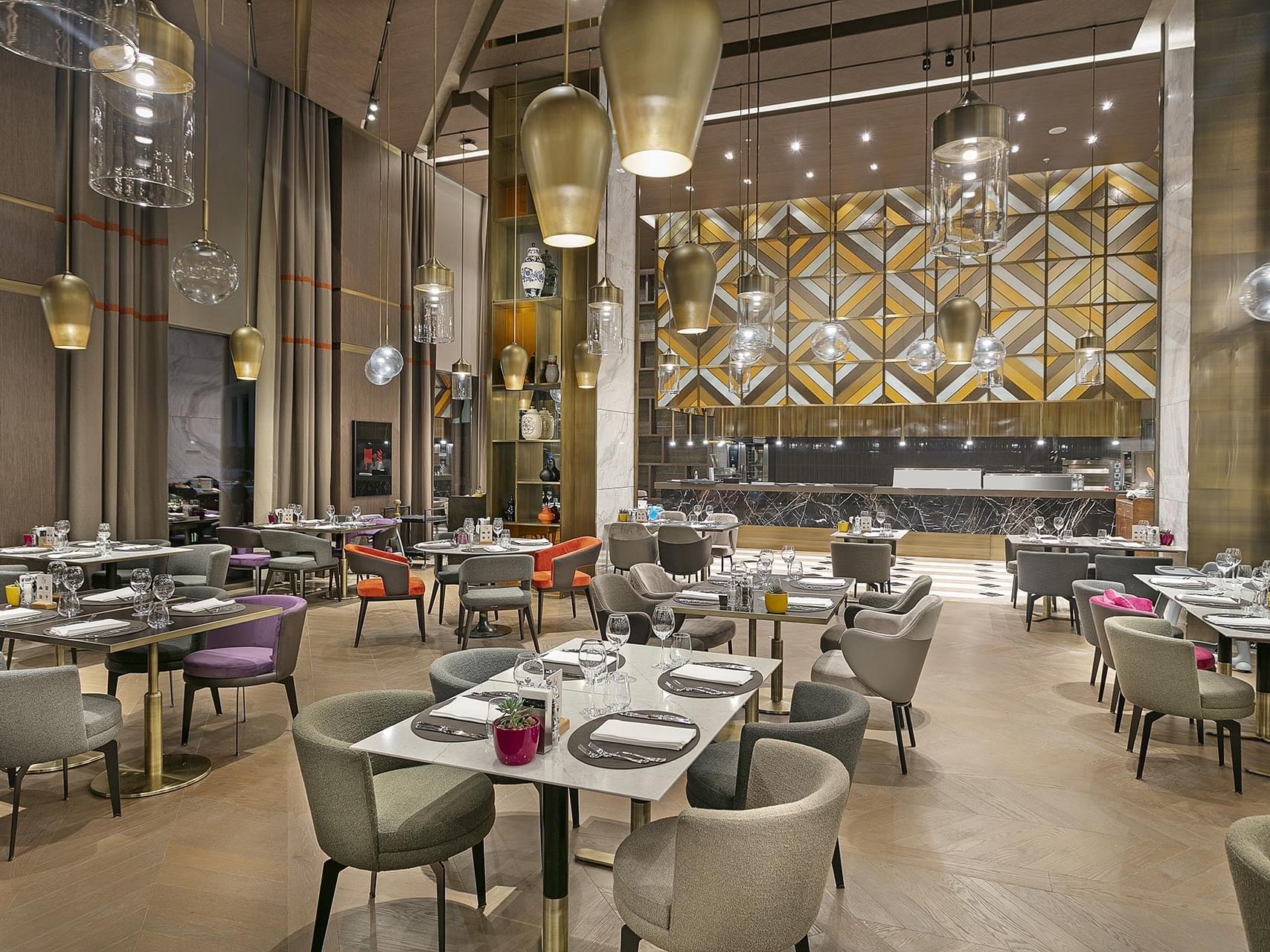 Counter with geometric decor by dining area of Cullinan Bistro 7/24 at Cullinan Belek