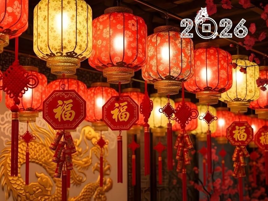 Red Chinese lanterns with golden dragon and Chinese characters displayed for River Hongbao 2026.