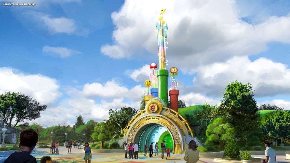 A conceptual rendering of an arched entryway surrounded by trees and decorated with icons from the Super Mario franchise, including colorful pipes, a gold coin, and a toadstool.