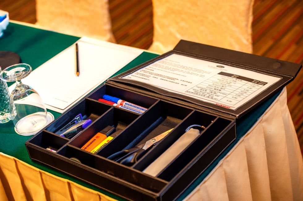 Open box with stationeries on a conference table at Sunway Hotel Georgetown