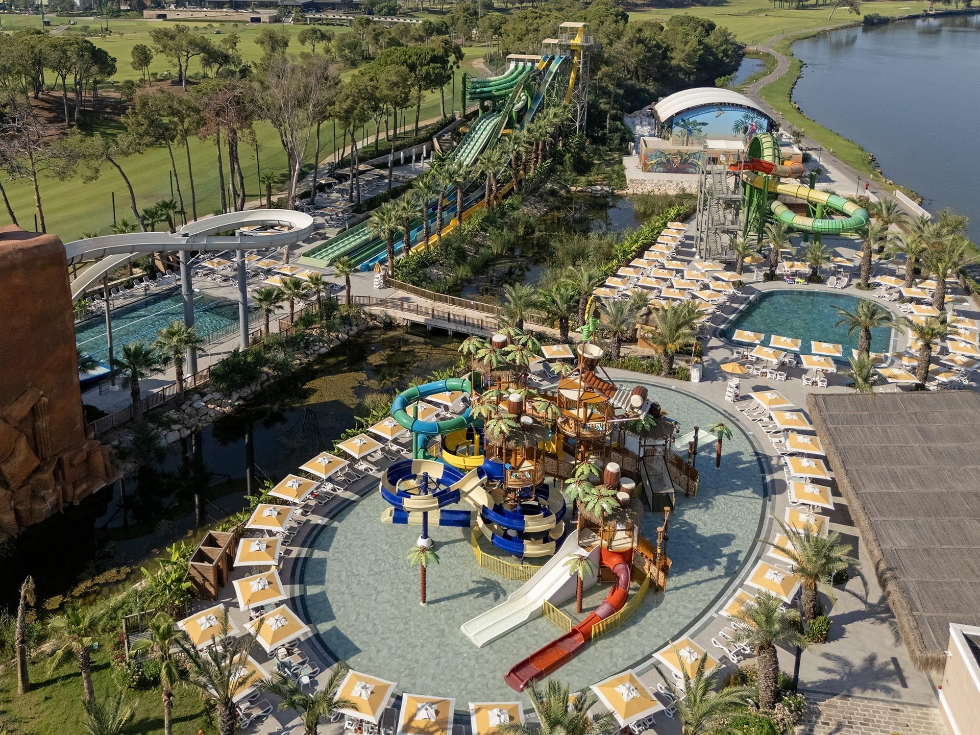 High-angle view of Aquapark and river at Titanic Deluxe Golf Belek