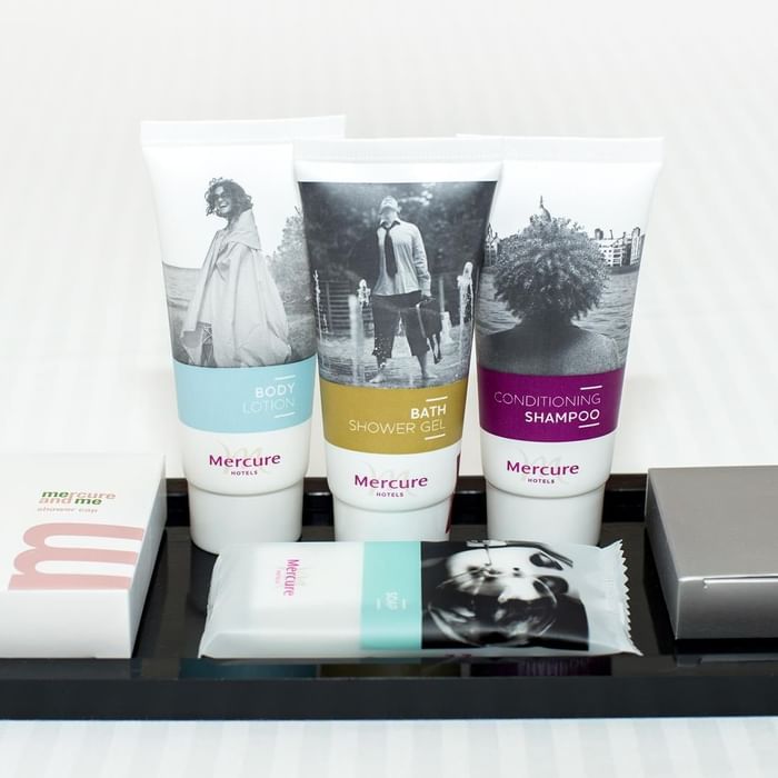 Close-up of hotel toiletries displayed on a tray at Mercure Charlestown