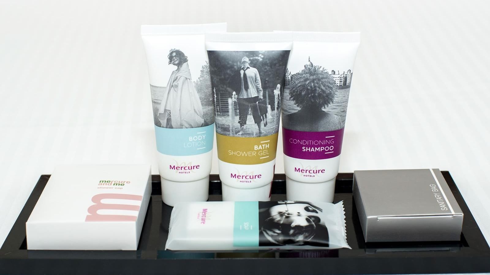Close-up of hotel toiletries displayed on a tray at Mercure Charlestown