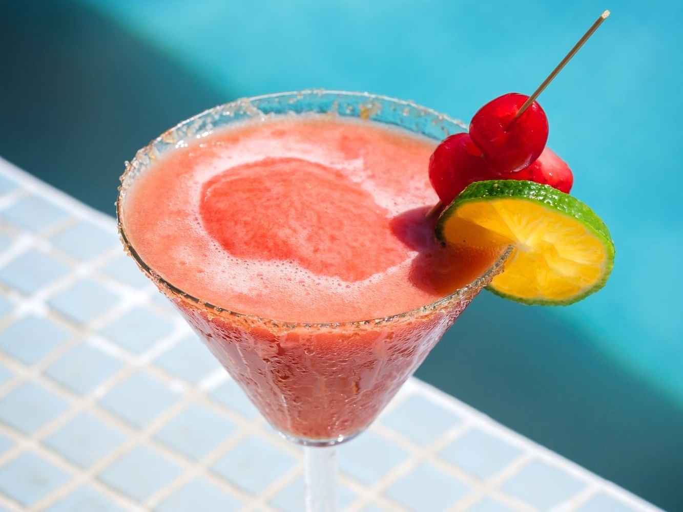 Close-up of strawberry margarita in La Barqueta Poolside Bar & Grill at Las Olas Beach Resort