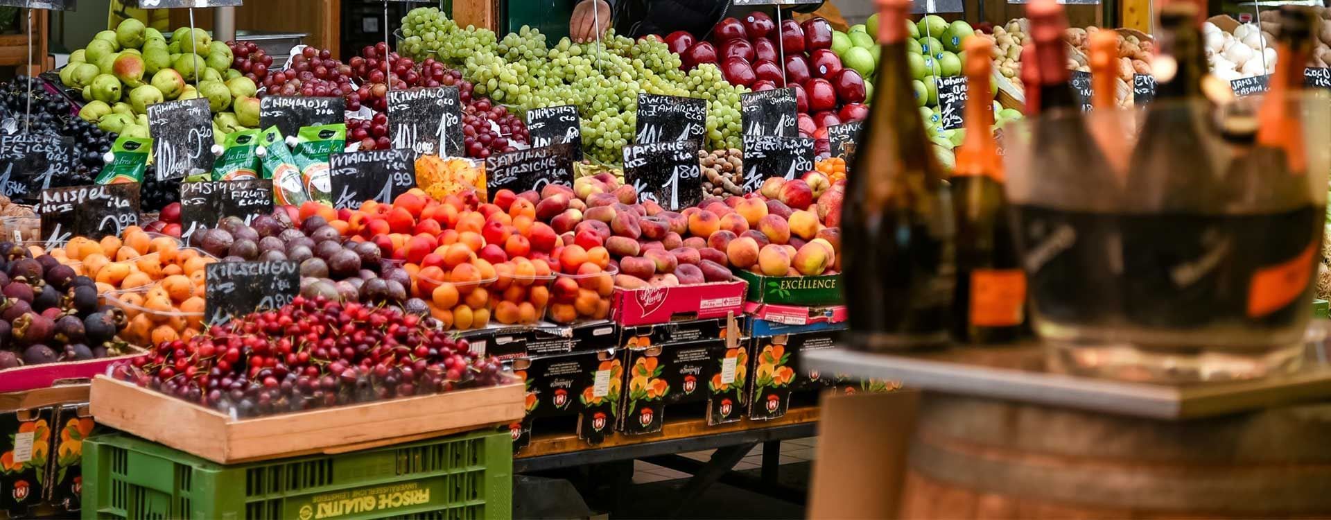 Variety of exotic fruits in the market near Flemings Hotels