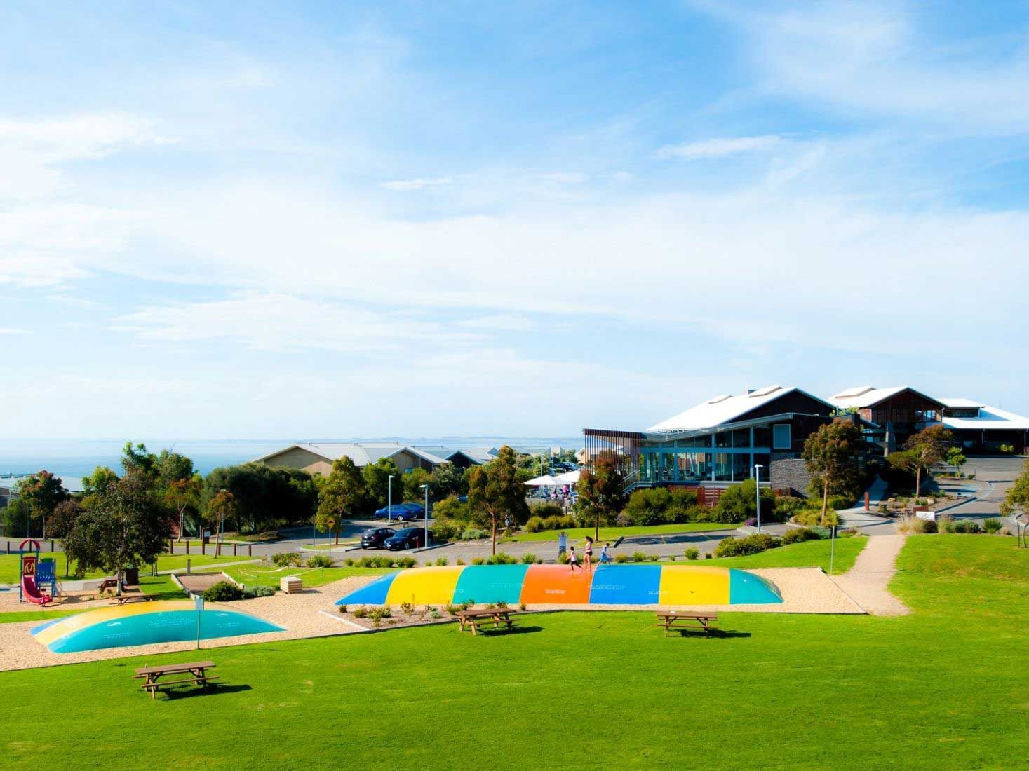 landscape view of jumping pillows at Silverwater Resort