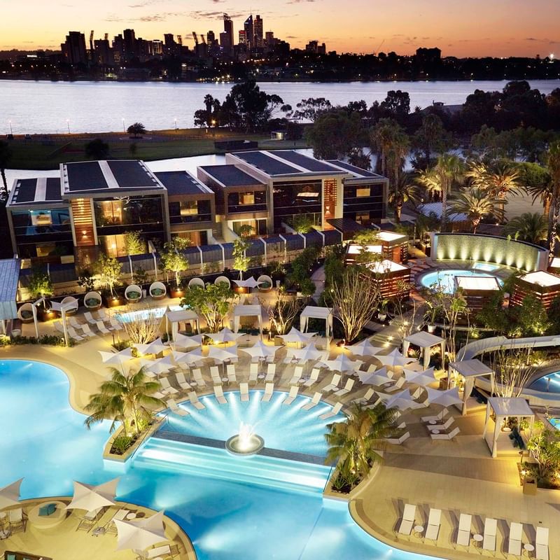 Aerial shot of Crown Metropol Perth Hotel & outdoor pool