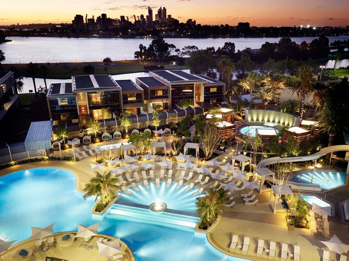 Aerial shot of Crown Metropol Perth Hotel & outdoor pool