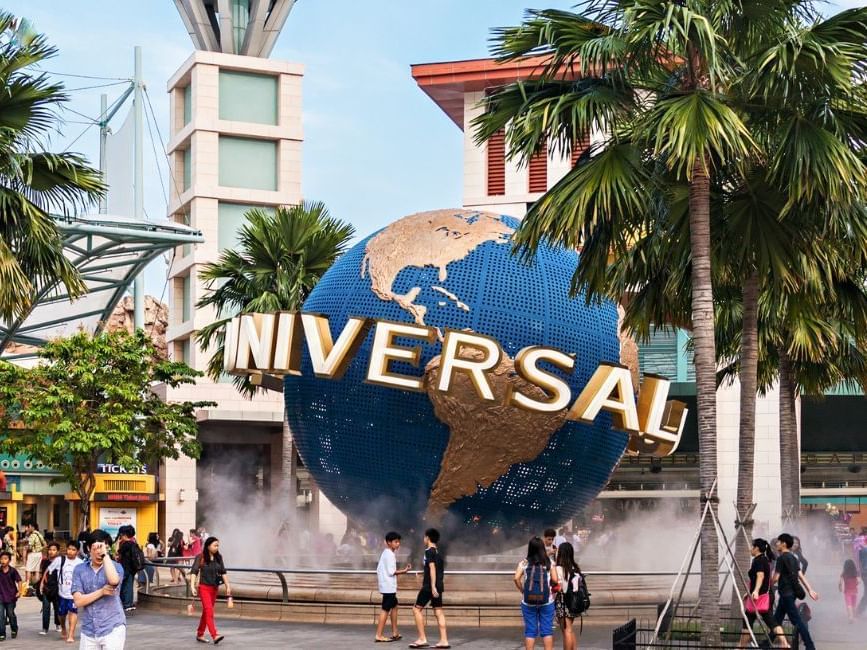 The entrance of Universal Studios theme park on Sentosa Island near Nostalgia Hotel Singapore