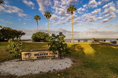 Sign for Josiah Cephas Weaver Park with palm trees and grassy areas near The J Hotel, one of the best things to do in Dunedin