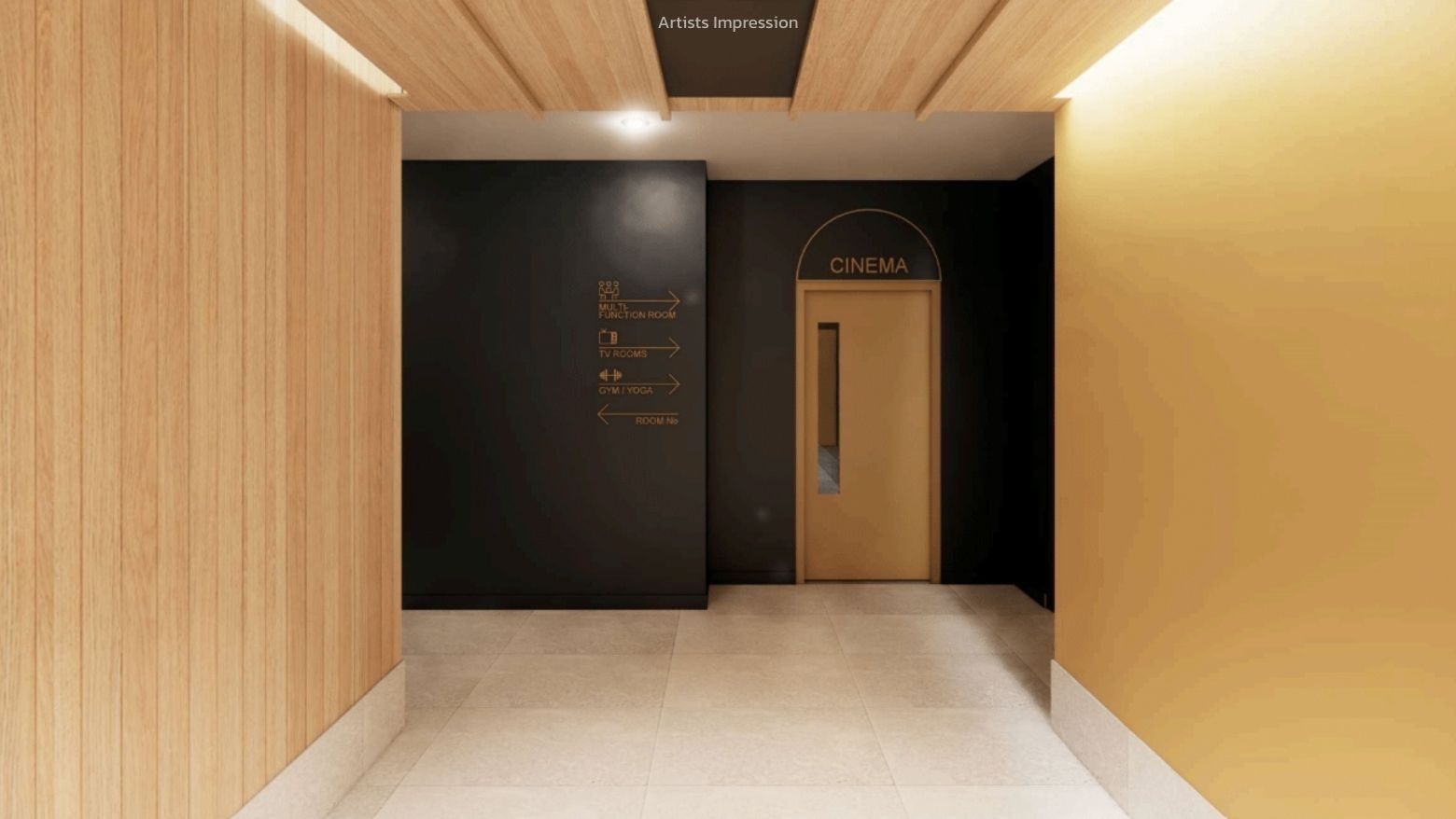 Modern hallway with wooden walls and black cinema door at UniLodge Brisbane City.