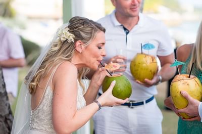 A bride having a King Coconut drink at Bougainvillea Barbados