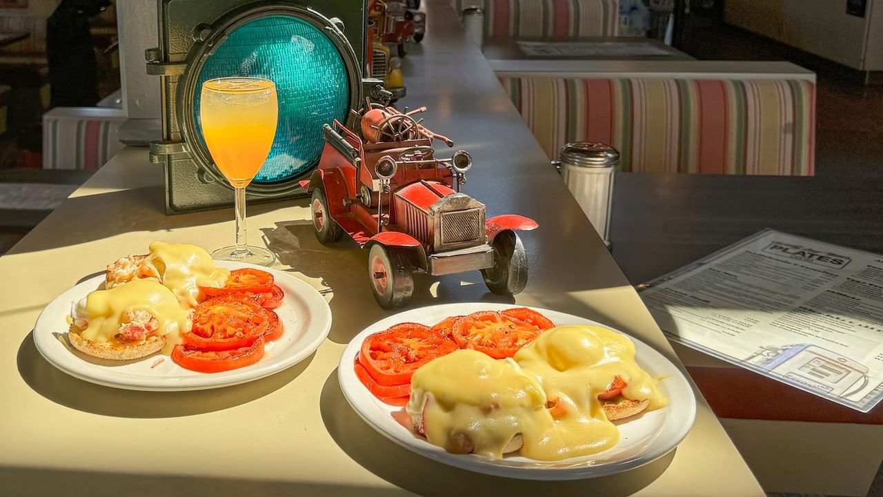 Dishes of food and drinks from Plates Eatery