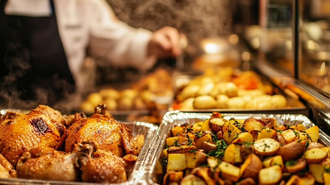 A chef preparing food in a kitchen with trays of roasted chicken and seasoned potatoes.
