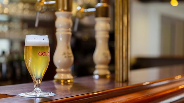 Closeup of a glass of beer at Le Logis d'Elbee