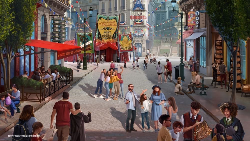 A conceptual image of people and families milling about a cobblestone street posing for pictures surrounded by cafes and shops. At the end of the street is a large sign that reads ”Le Cirque Arcanus”