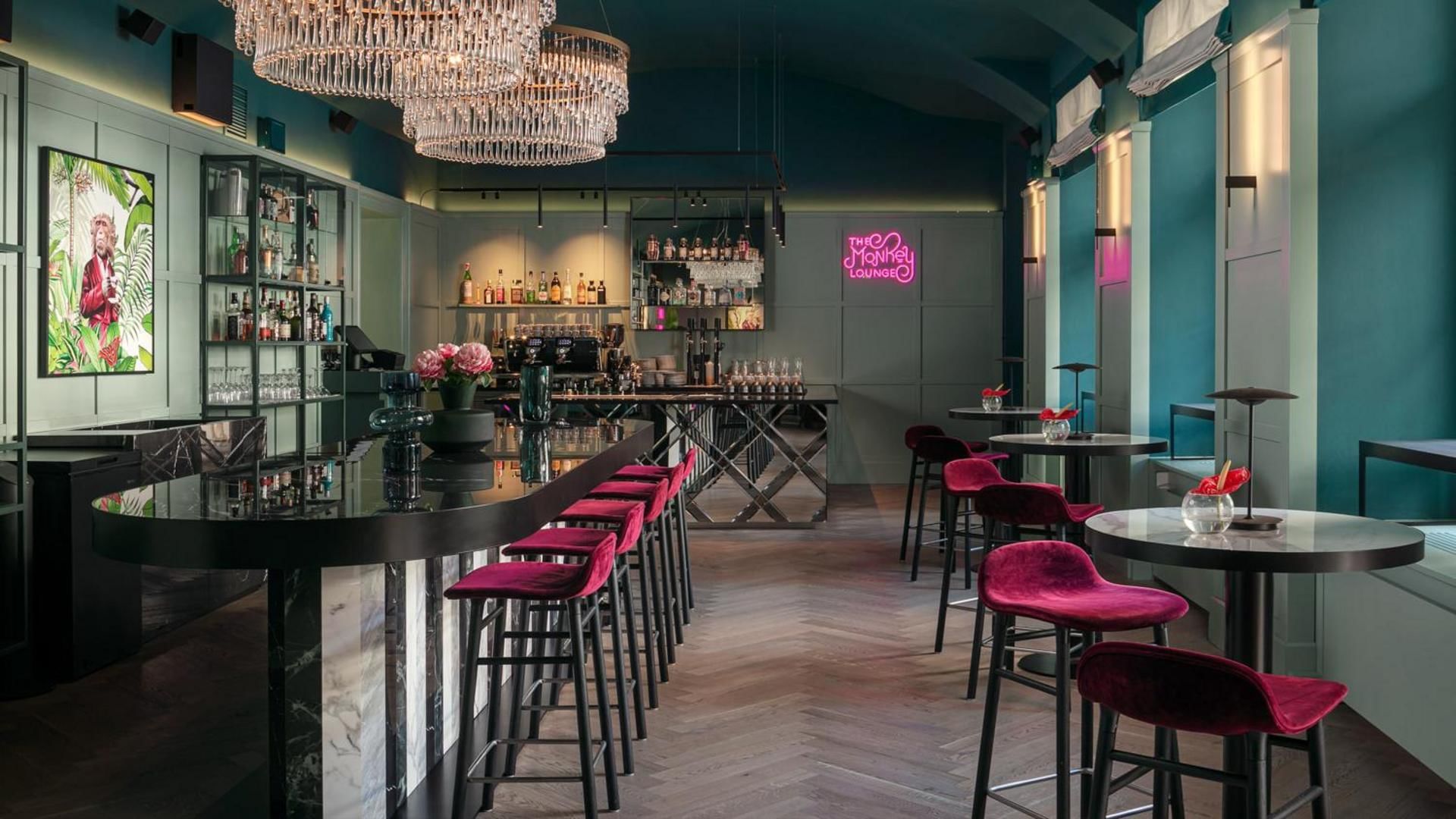 Bar counter & bar shelves in The Monkey Bar at Falkensteiner Hotel Prague