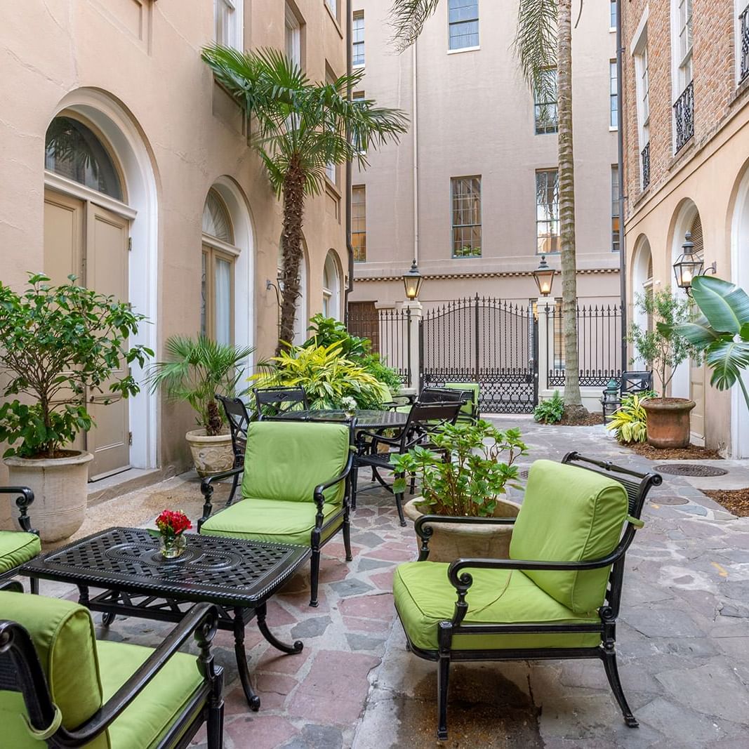Outdoor seating and dining area at St. James Hotel