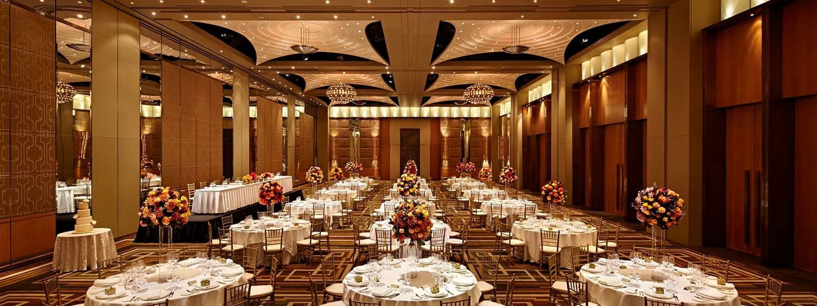 Banquet tables arranged in a hall at Crown Hotel Perth Spa