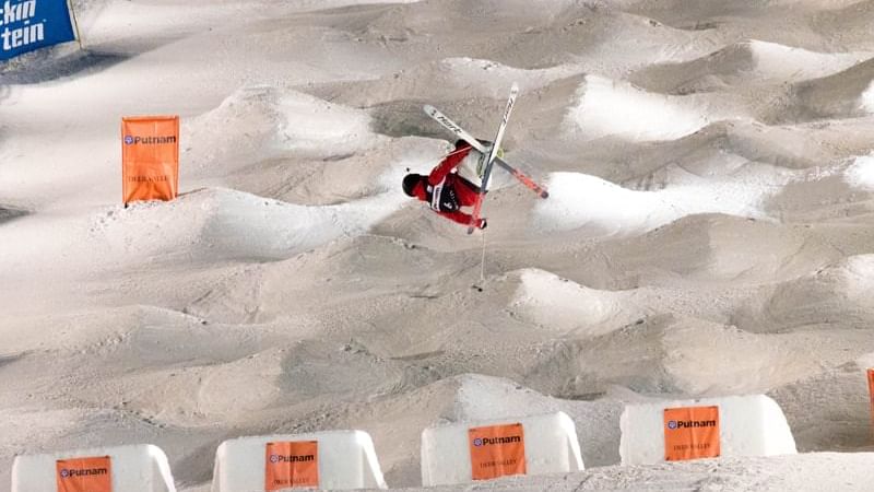 A skier in Freestyle International Ski World Cup near Chateaux Deer Valley