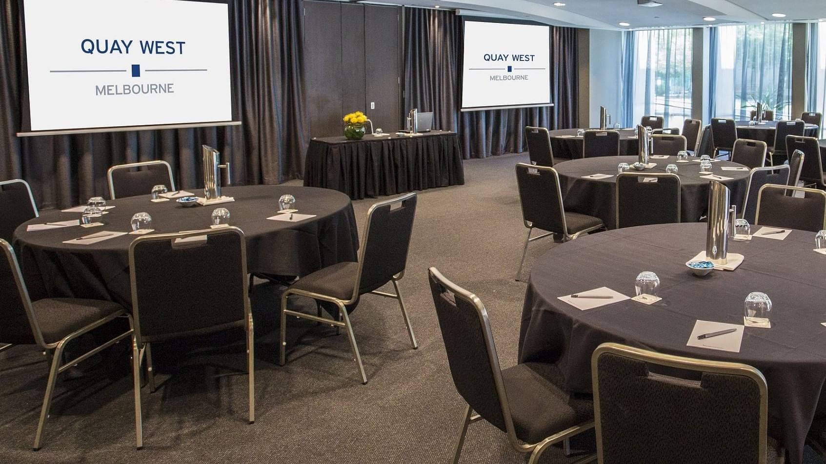 Banquet table arrangement in Southbank 1 & 2 Meeting Room at Quay West Suites Melbourne
