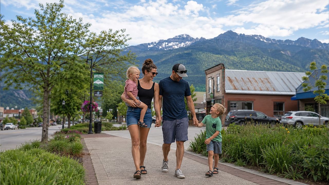 Family of four walking along a tree-lined street with snow-capped mountains in the background in Revelstoke