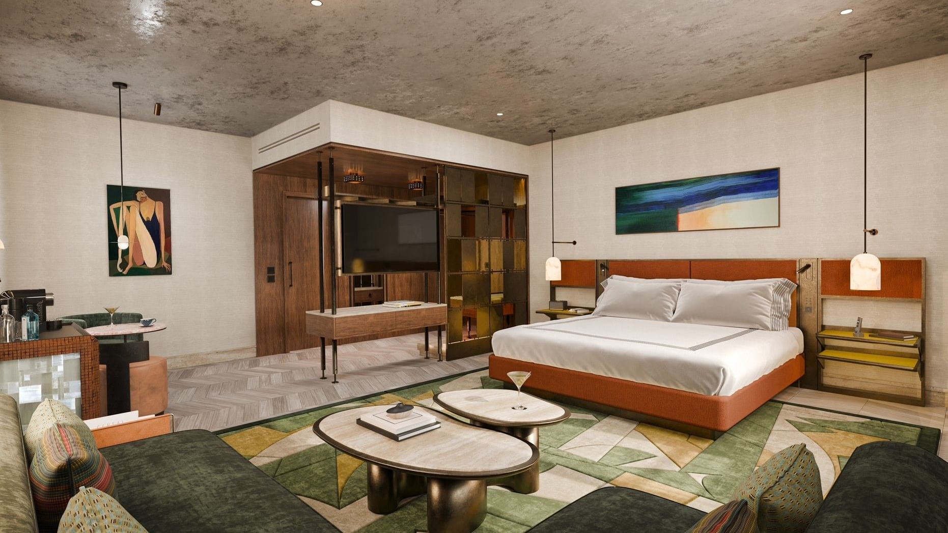 King bed facing a sofa & marble tables beside TV on wood stand in 1 King Bed Junior Suite with Terrace at Thompson Rome
