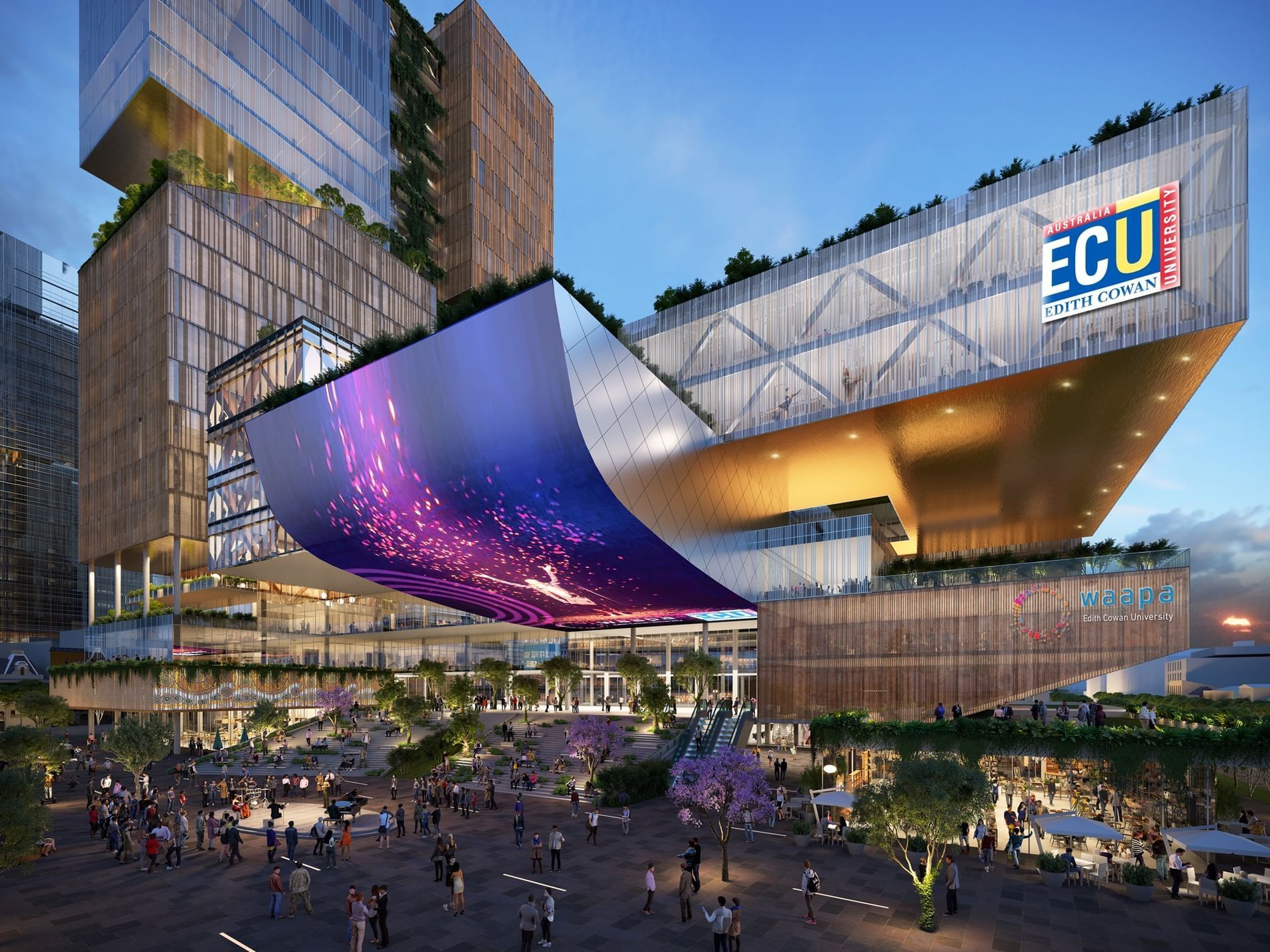 Illuminated exterior view of ECU City Campus from a distance near Melbourne Hotel Perth