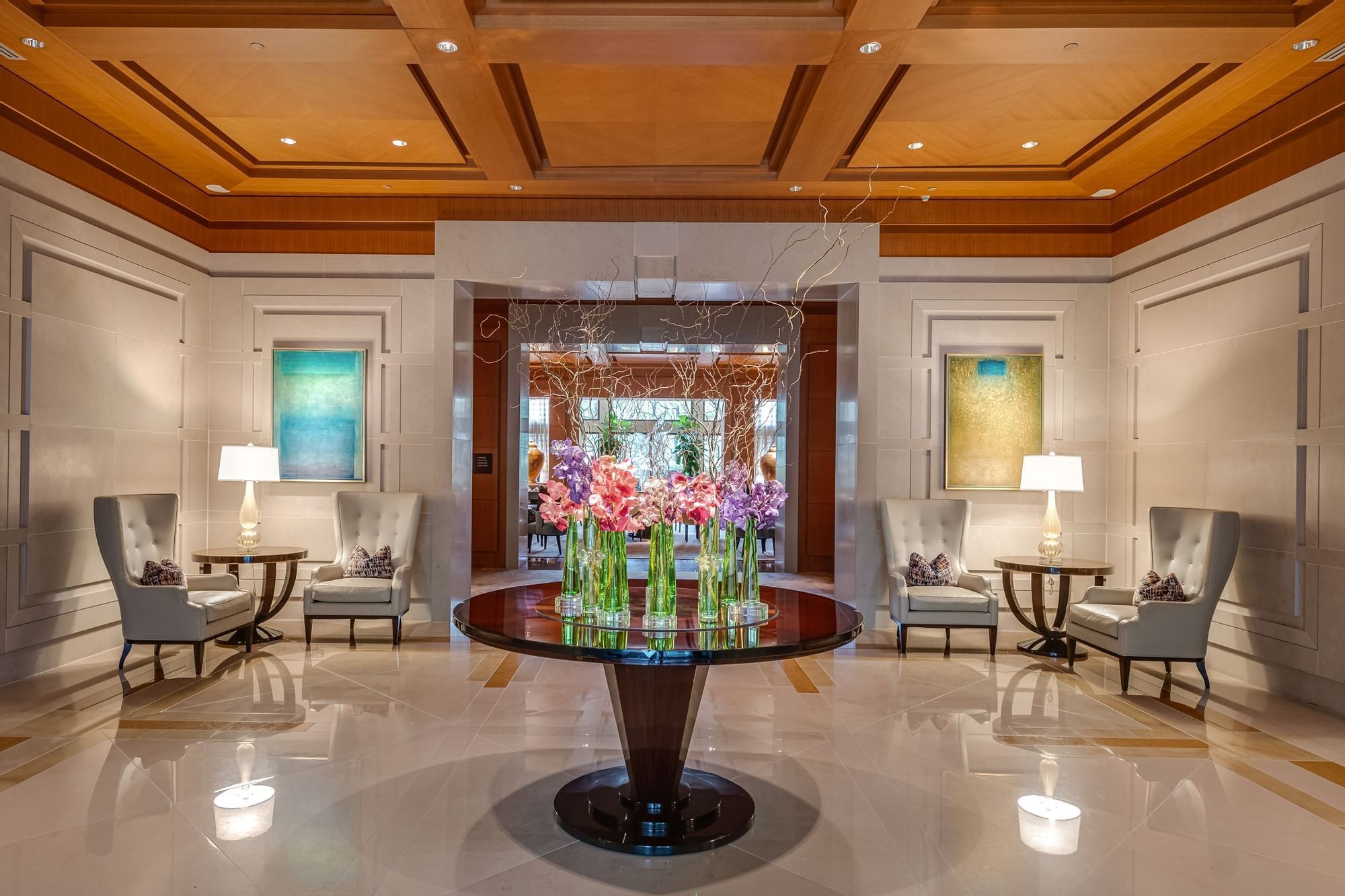 Hotel lobby with modern interior and decor at Umstead Hotel and Spa