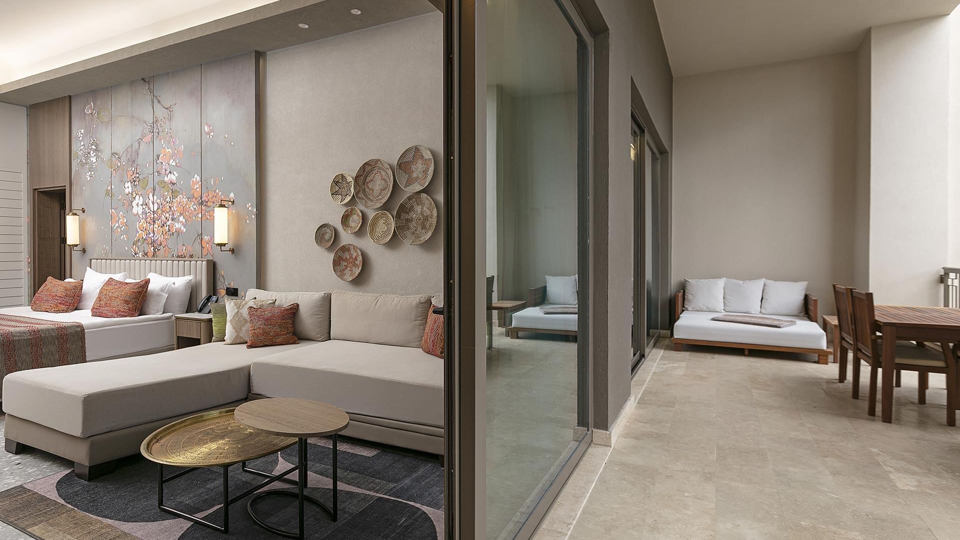 Family Suite Swim-up interior with the bedroom & lounge area at Cullinan Belek