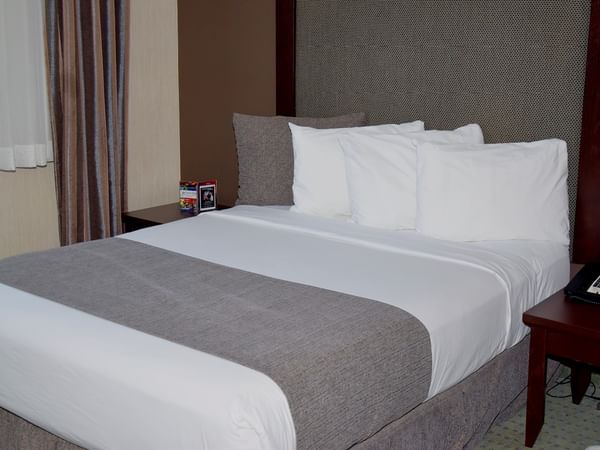 A hotel room with a bed, nightstands, lamp, and telephone.