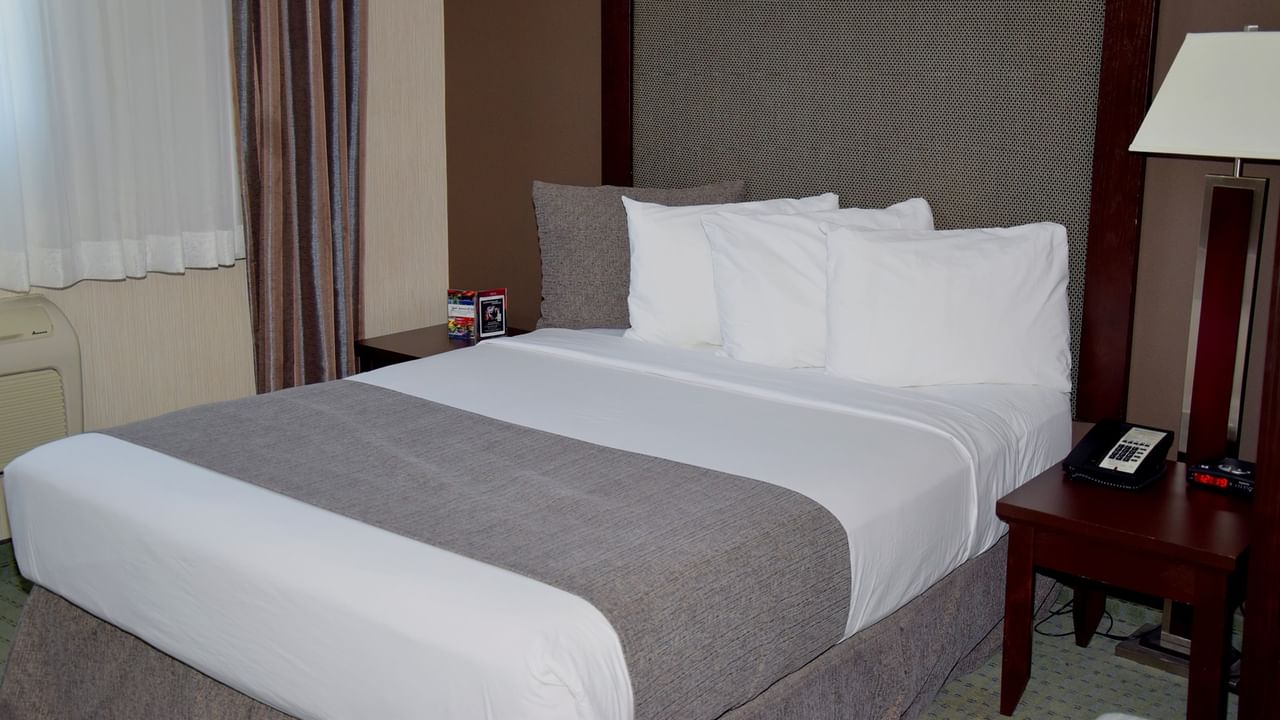 A hotel room with a bed, nightstands, lamp, and telephone.