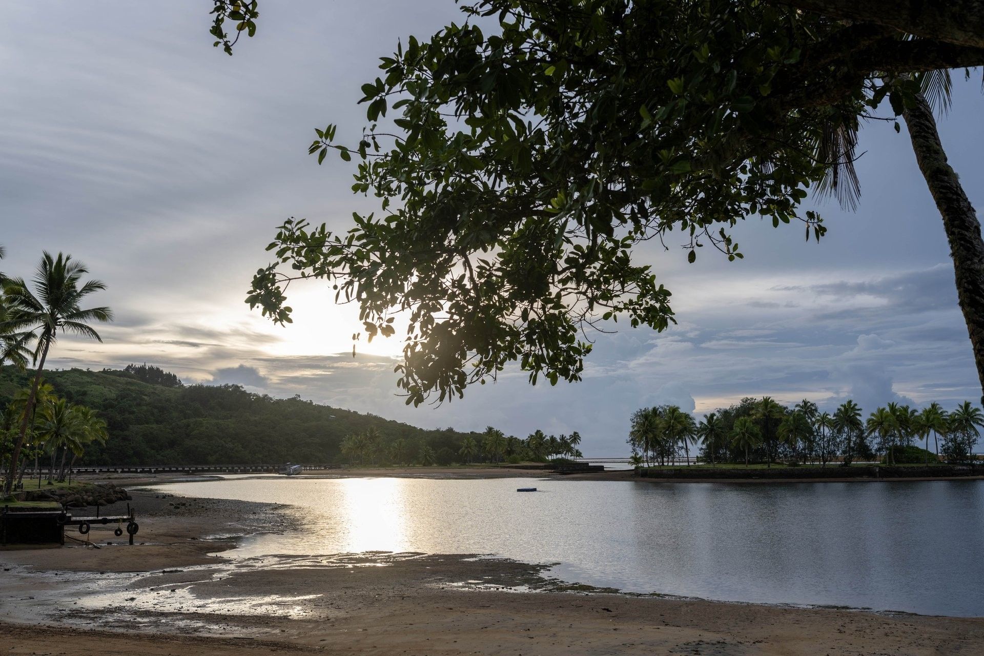 Sunlight by leafy branches under a cloudy sky near a calm beach area near The Naviti Resort - Fiji