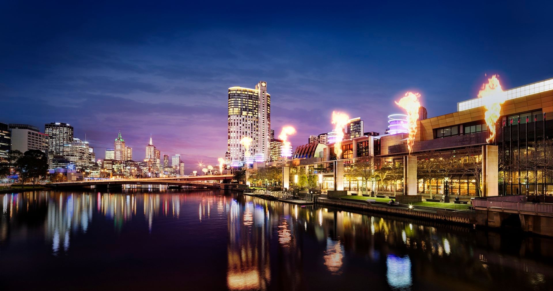 Night Crown towers & complex exterior at Crown Hotel Melbourne