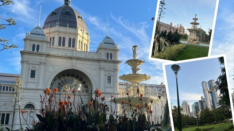 Collage of Melbourne Royal Exhibition Building, fountain, park, and city skyline under a blue sky.