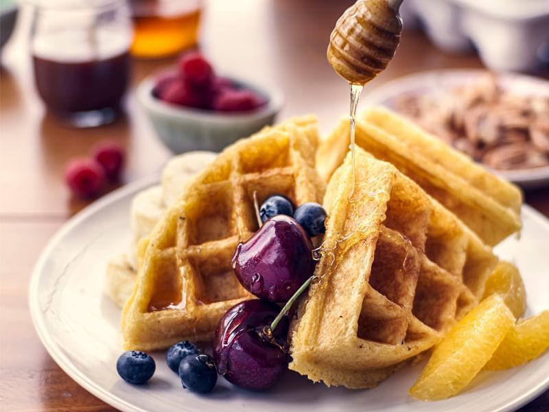 Waffles served with berries & honey in Patio de Arbol at Live Aqua Resorts and Residence Club