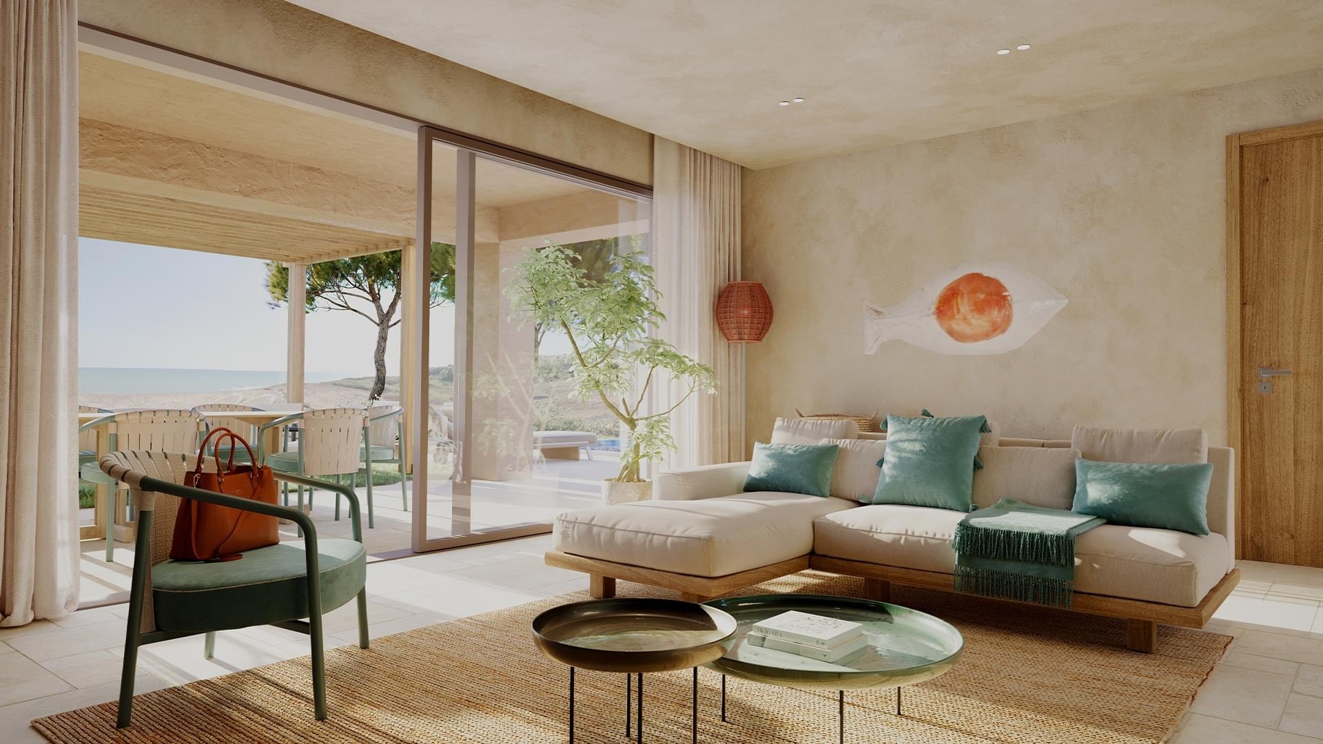 Soggiorno con divano, tavolini, poltrona e vista sul mare attraverso porte scorrevoli.