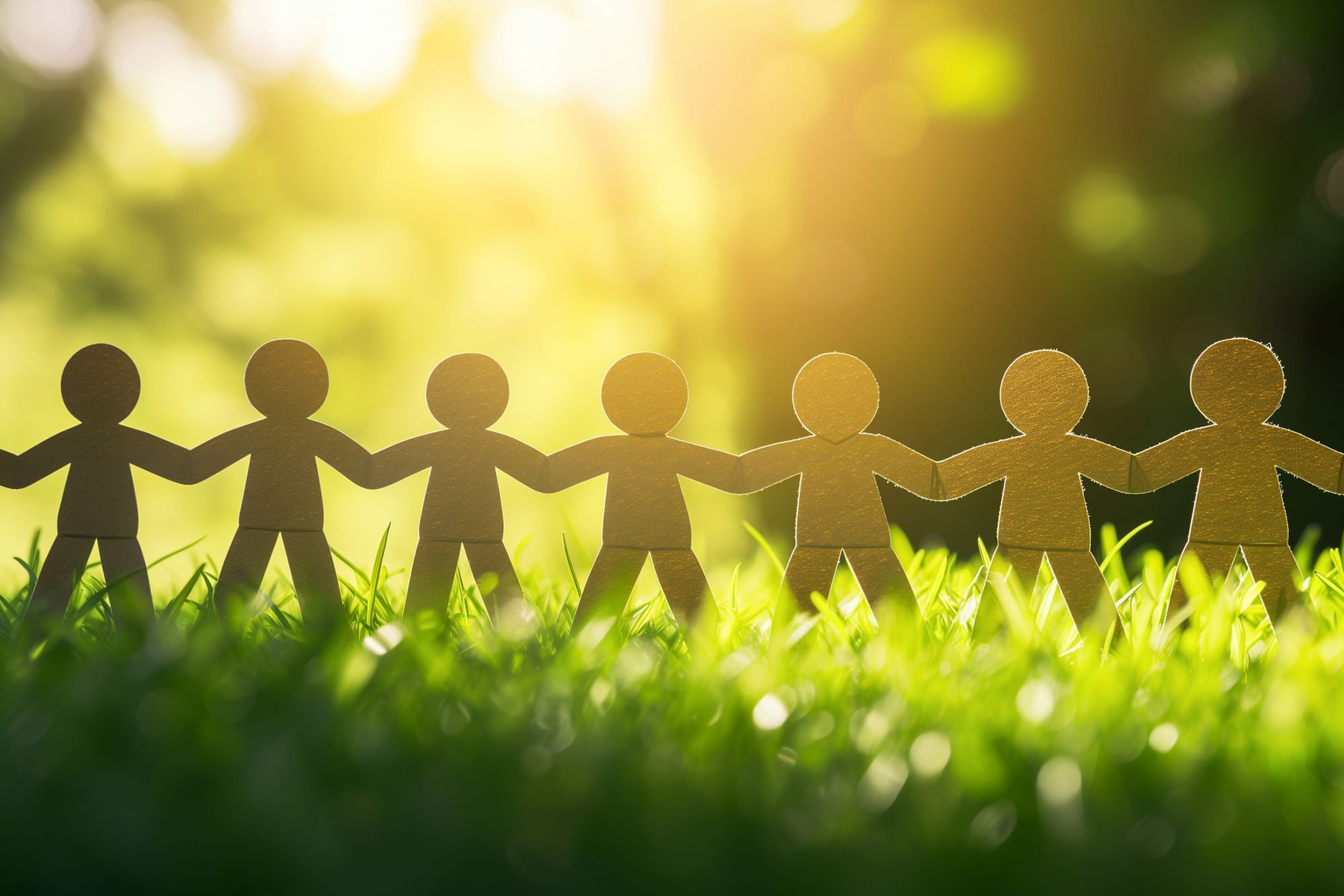 Paper cut-out figures holding hands in the grass at Warwick Hotels and Resorts