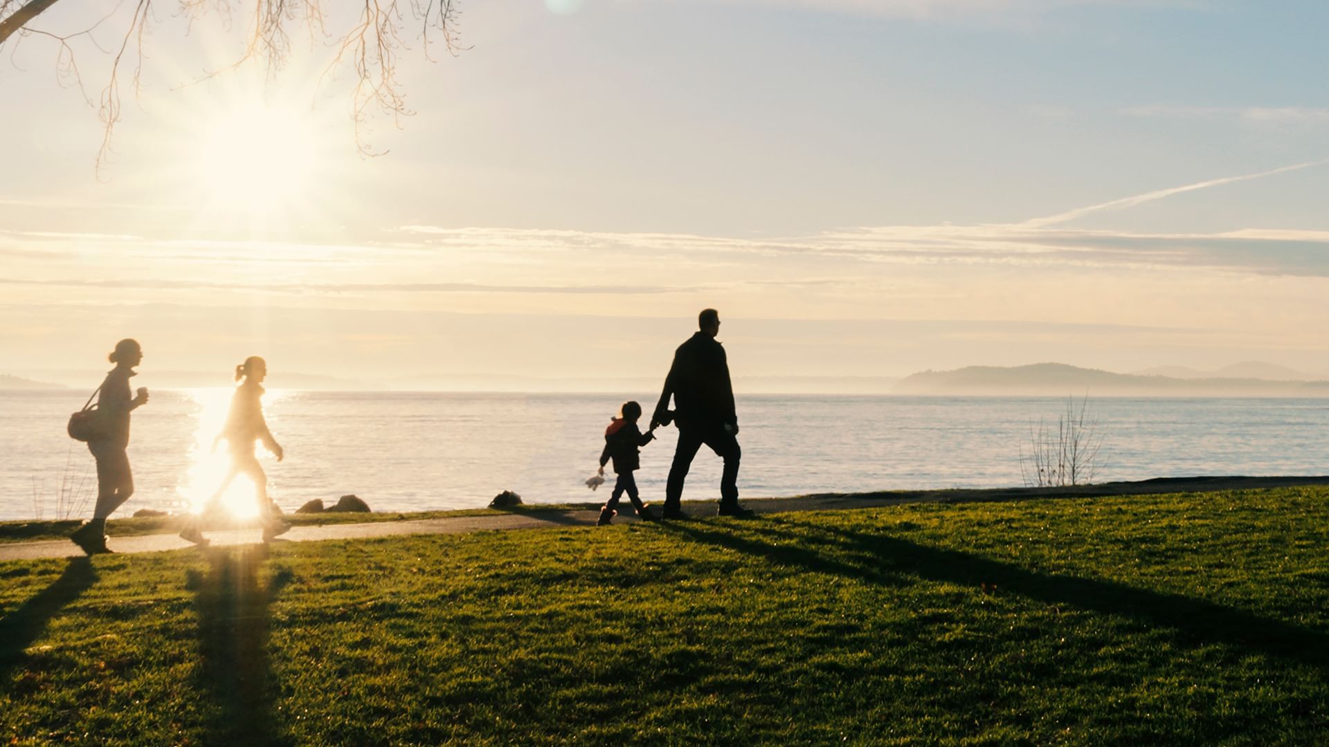 Family of four hiking in the afternoon